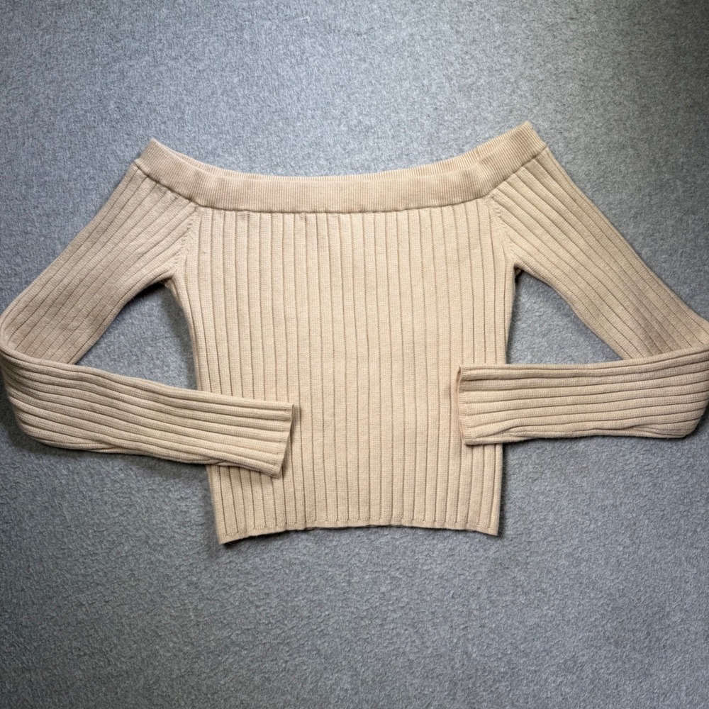 Aerie Ribbed Off-the-Shoulder Sweater Women M Cream Knit Long Sleeve Pullover